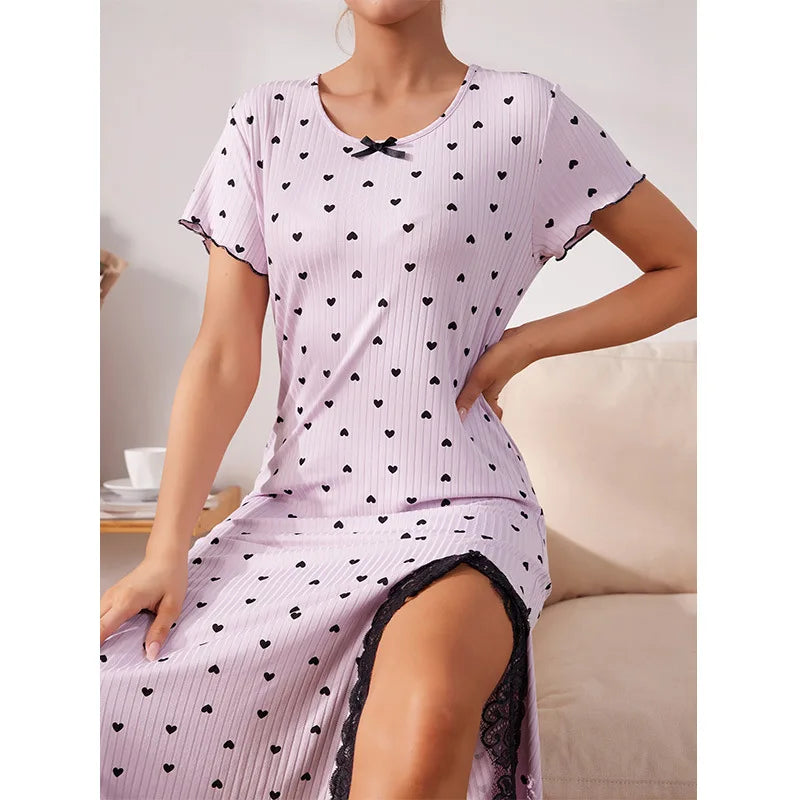 hot sale stretch long nightgown women's splicing lace lace dress polka dot strip knitted cotton