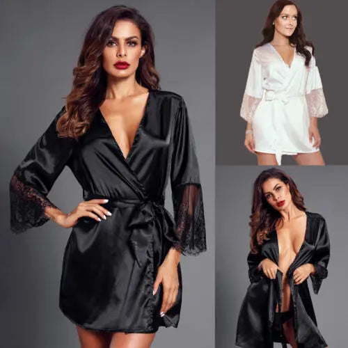 Women Fashion Sexy Solid Patchwork Lace Casual Sleepwear Sex V Neck Short Nightdress