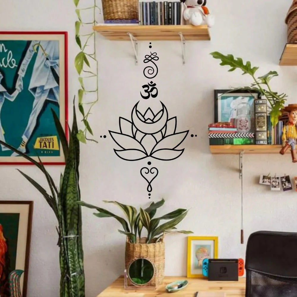 Lotus Flower Wall Decal with Om Symbol ,Yoga Vinyl Sticker, Spiritual Boho Wall Art for Meditation Room or Bedroom Decor
