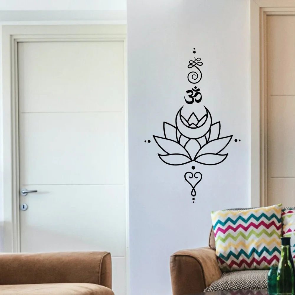 Lotus Flower Wall Decal with Om Symbol ,Yoga Vinyl Sticker, Spiritual Boho Wall Art for Meditation Room or Bedroom Decor