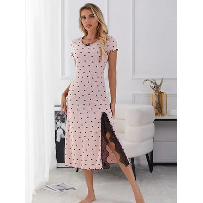 hot sale stretch long nightgown women's splicing lace lace dress polka dot strip knitted cotton
