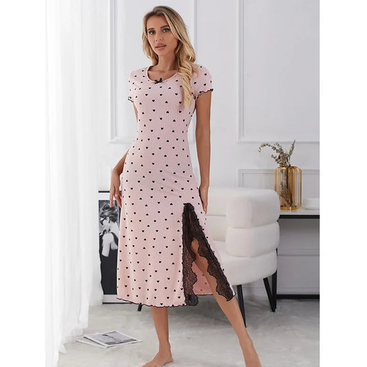 hot sale stretch long nightgown women's splicing lace lace dress polka dot strip knitted cotton