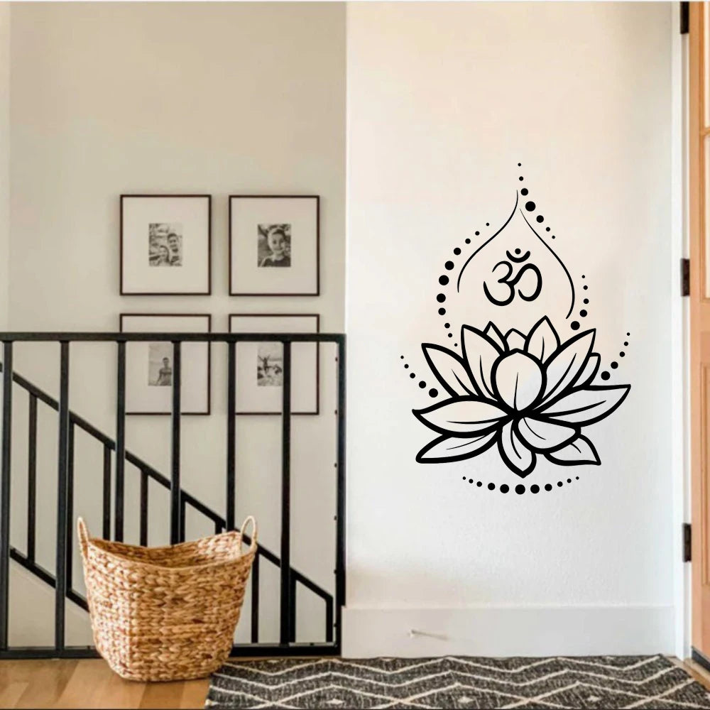 Lotus Flower Wall Decal with Om Symbol ,Yoga Vinyl Sticker, Spiritual Boho Wall Art for Meditation Room or Bedroom Decor