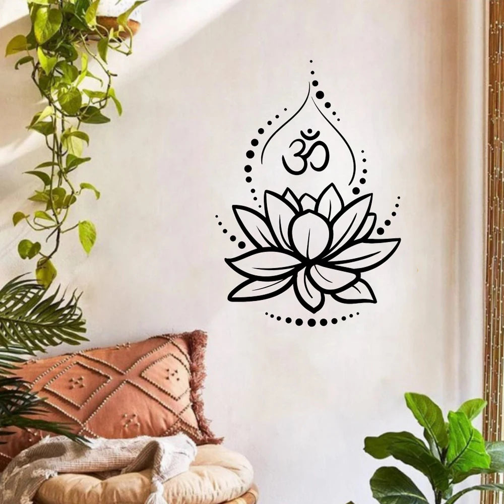 Lotus Flower Wall Decal with Om Symbol ,Yoga Vinyl Sticker, Spiritual Boho Wall Art for Meditation Room or Bedroom Decor