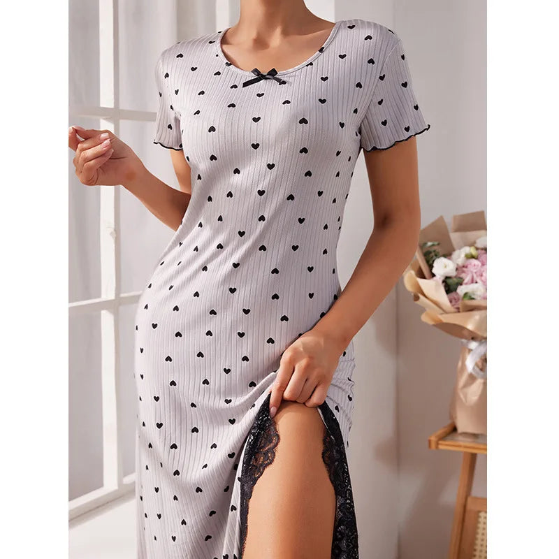 hot sale stretch long nightgown women's splicing lace lace dress polka dot strip knitted cotton