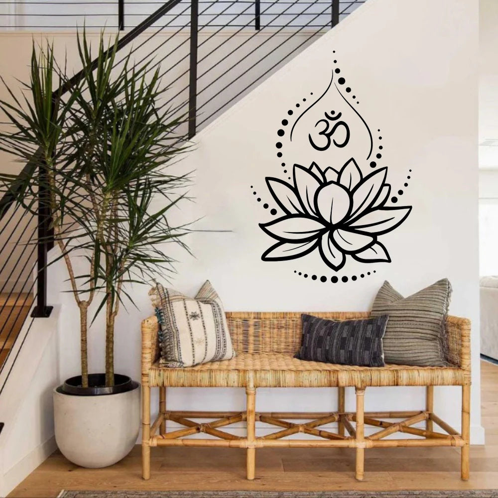 Lotus Flower Wall Decal with Om Symbol ,Yoga Vinyl Sticker, Spiritual Boho Wall Art for Meditation Room or Bedroom Decor