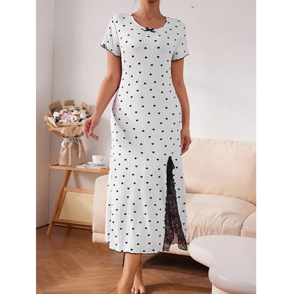 hot sale stretch long nightgown women's splicing lace lace dress polka dot strip knitted cotton